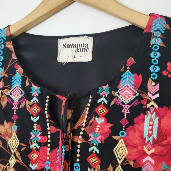 Savanna Jane Floral Boho Embroidered Mini Tunic Dress Shift Lined Womens L Tie - Picture 5 of 8